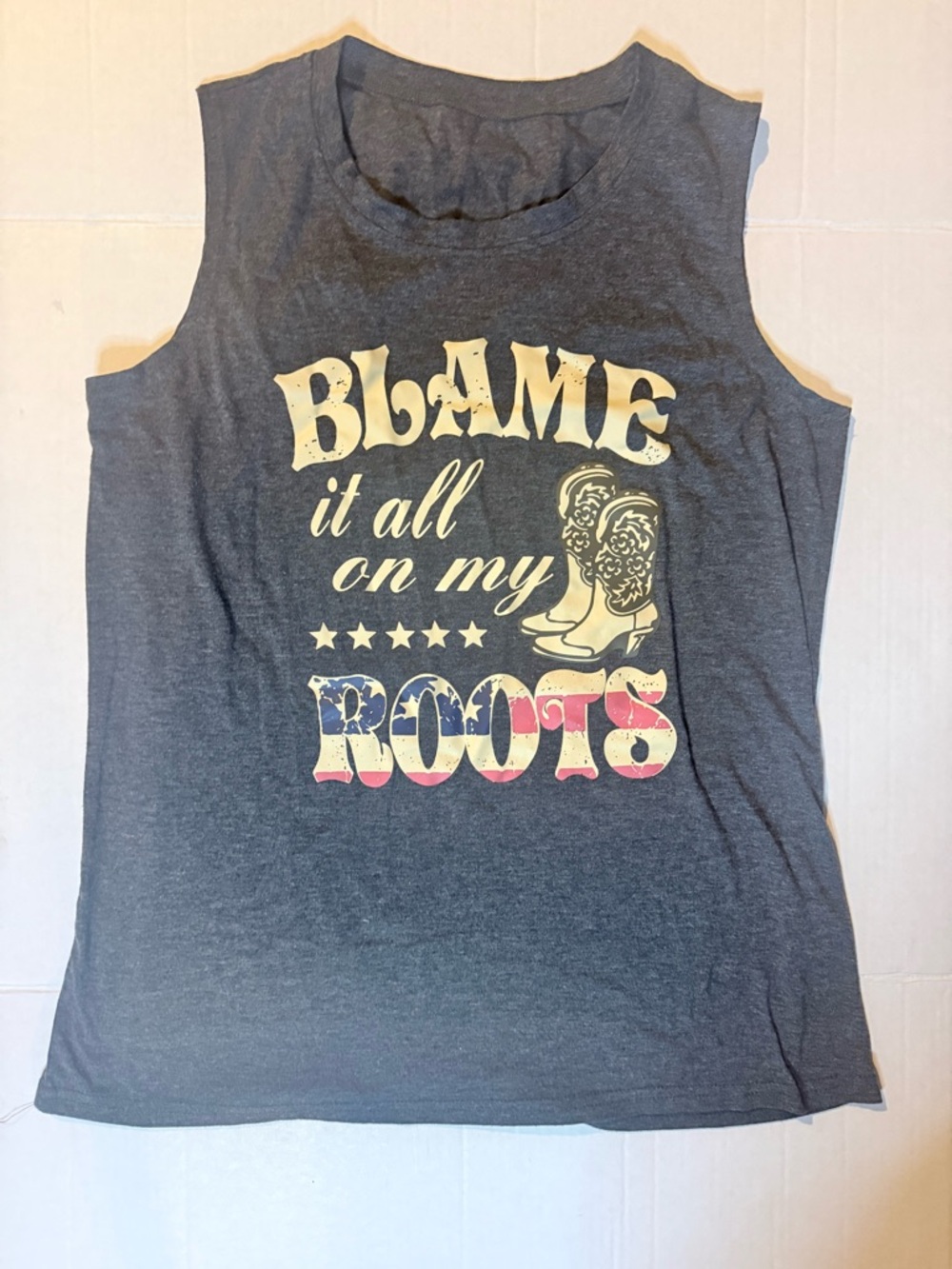 Source Unknown Charcoal Gray Graphic Tank "Blame It All On My Roots"